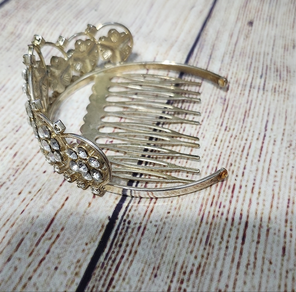 Vintage Light Gold 925 Marked Mini Tiara Rhinestone Comb - Picture 9 of 10